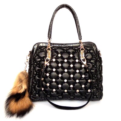 正品安璐琪带钻狐狸毛女包2016新款黑色时尚褶皱单肩斜跨手提包包