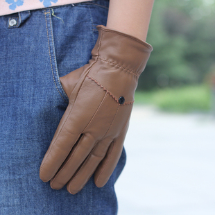 女士羊皮手套薄冬季可爱学生骑车加绒加厚长款真皮分指防风棉手套