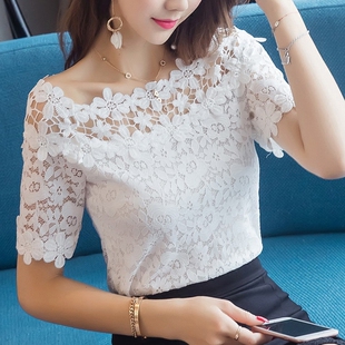一字肩蕾丝衫2017夏装韩版女装收腰镂空露肩小衫白打底衫雪纺上衣