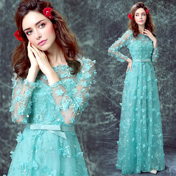 蓝绿色花瓣新娘结婚敬酒服长袖晚宴年会婚纱礼服2016新款0702q