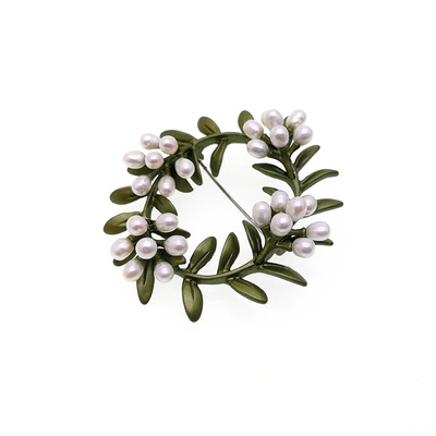 欧美饰品 vintage桃金娘花环高端天然淡水珍珠绿色复古夸张别胸针