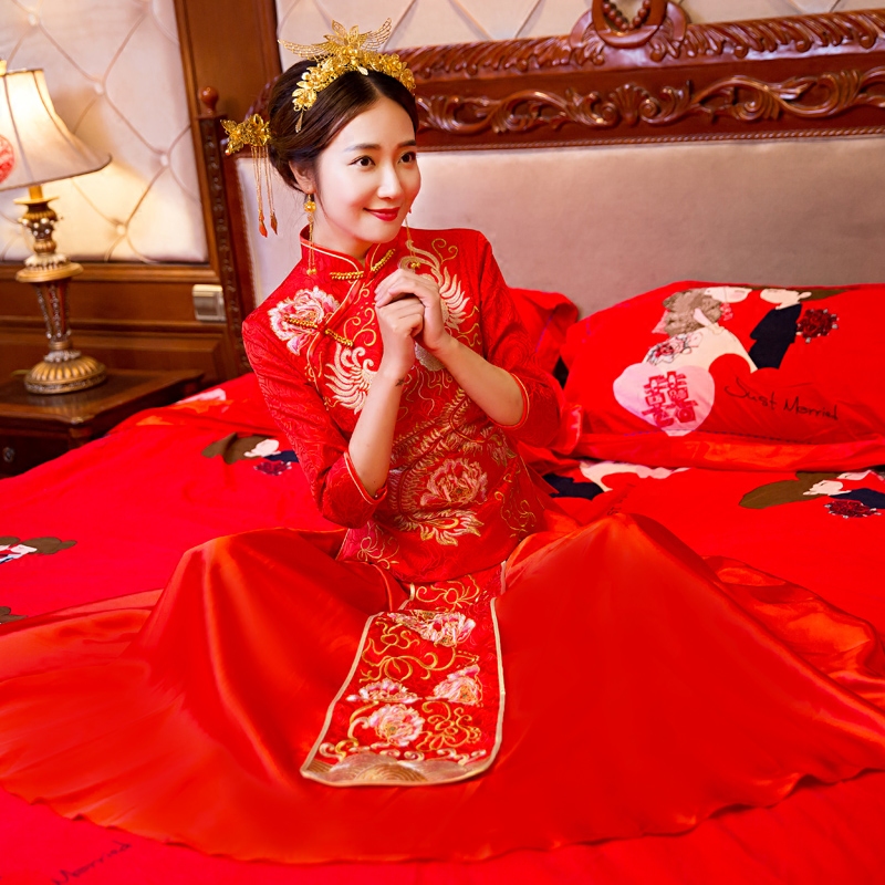 秀禾服新娘礼服嫁衣中式婚纱结婚旗袍长款红色敬酒服秀和服龙凤褂