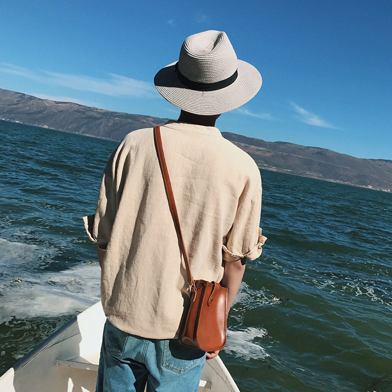 港仔文艺男 夏装韩版青年男短袖衬衫亚麻纯色休闲中袖衬衣薄款潮
