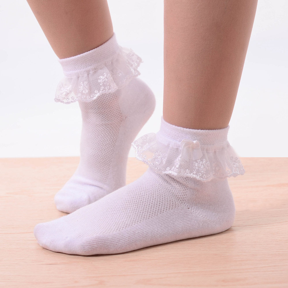 儿童袜子无骨全棉舞蹈袜子公主风蝴蝶结女童蕾丝花边中筒纯棉短袜