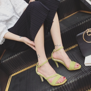 欧洲站金属色爆裂纹露趾中空细高跟凉鞋脚脖搭扣时尚女鞋