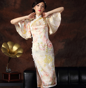 原创*天涯歌女 大襟旗袍 高档中袖真丝长款荷叶袖旗袍