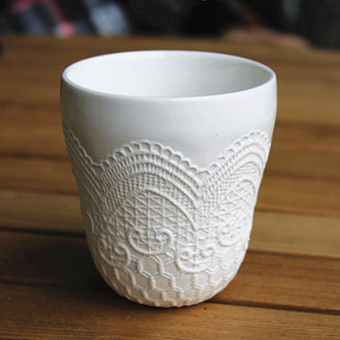 咖啡杯 出口法国原单 创意陶瓷杯马克杯 蕾丝浮雕花纹 咖啡杯茶杯 水