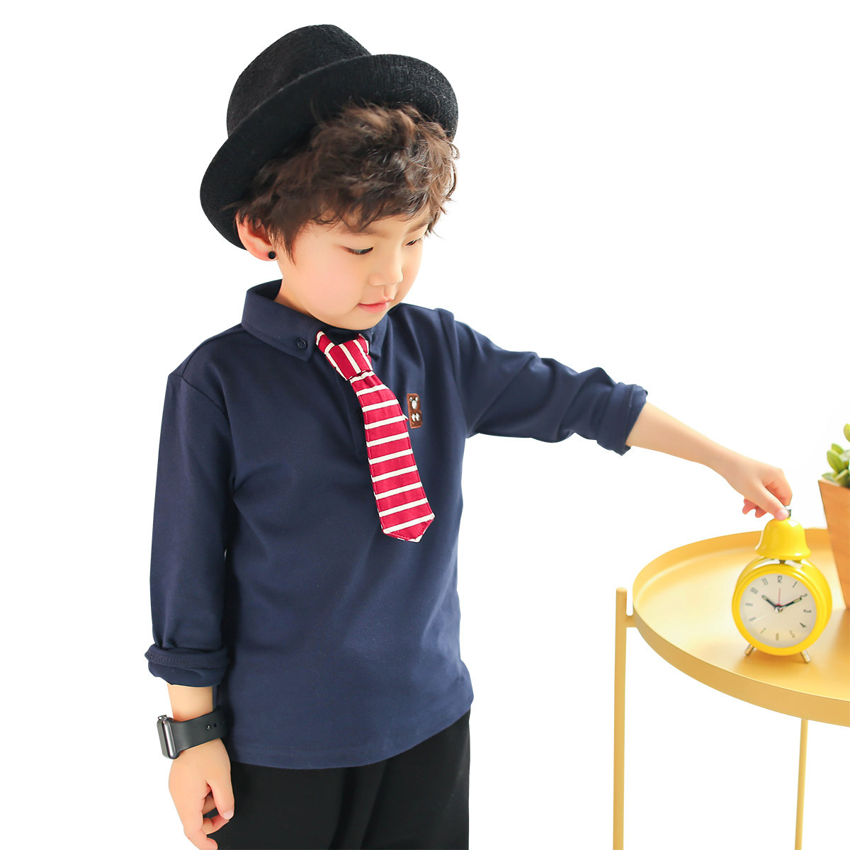 男童翻领长袖t恤纯棉2017潮韩版童装儿童春装有领带中小童polo衫