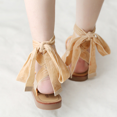 绑带凉鞋女夏平底鞋2017新款丝带绸缎百搭罗马鞋露趾一字带仙女鞋