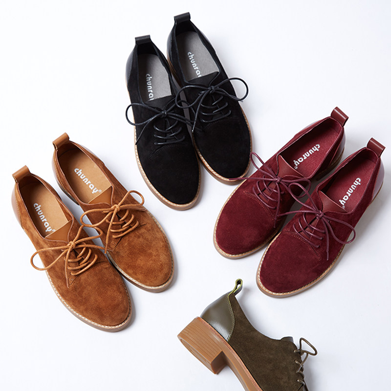 复古真皮小皮鞋女中跟单鞋系带学院风秋鞋粗跟深口鞋磨砂皮四季鞋