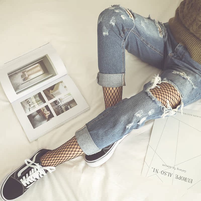 欧美性感渔网袜 连裤袜原宿风破洞牛仔裤 韩国网格丝袜鱼网袜夏季