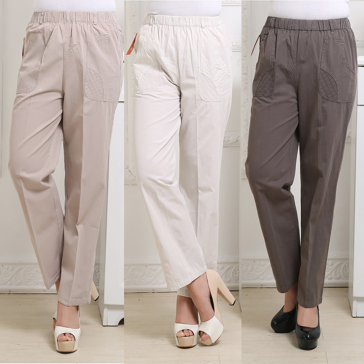 中老年女装春秋女裤纯棉奶奶松紧腰老年人大码妈妈裤子秋装长裤子