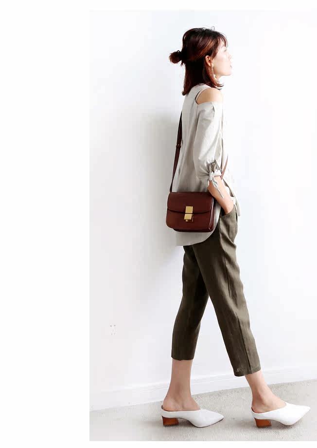 潮流橄榄绿 夏日轻松小宽松微哈竖纹棉麻8分裤萝卜裤l 17夏女