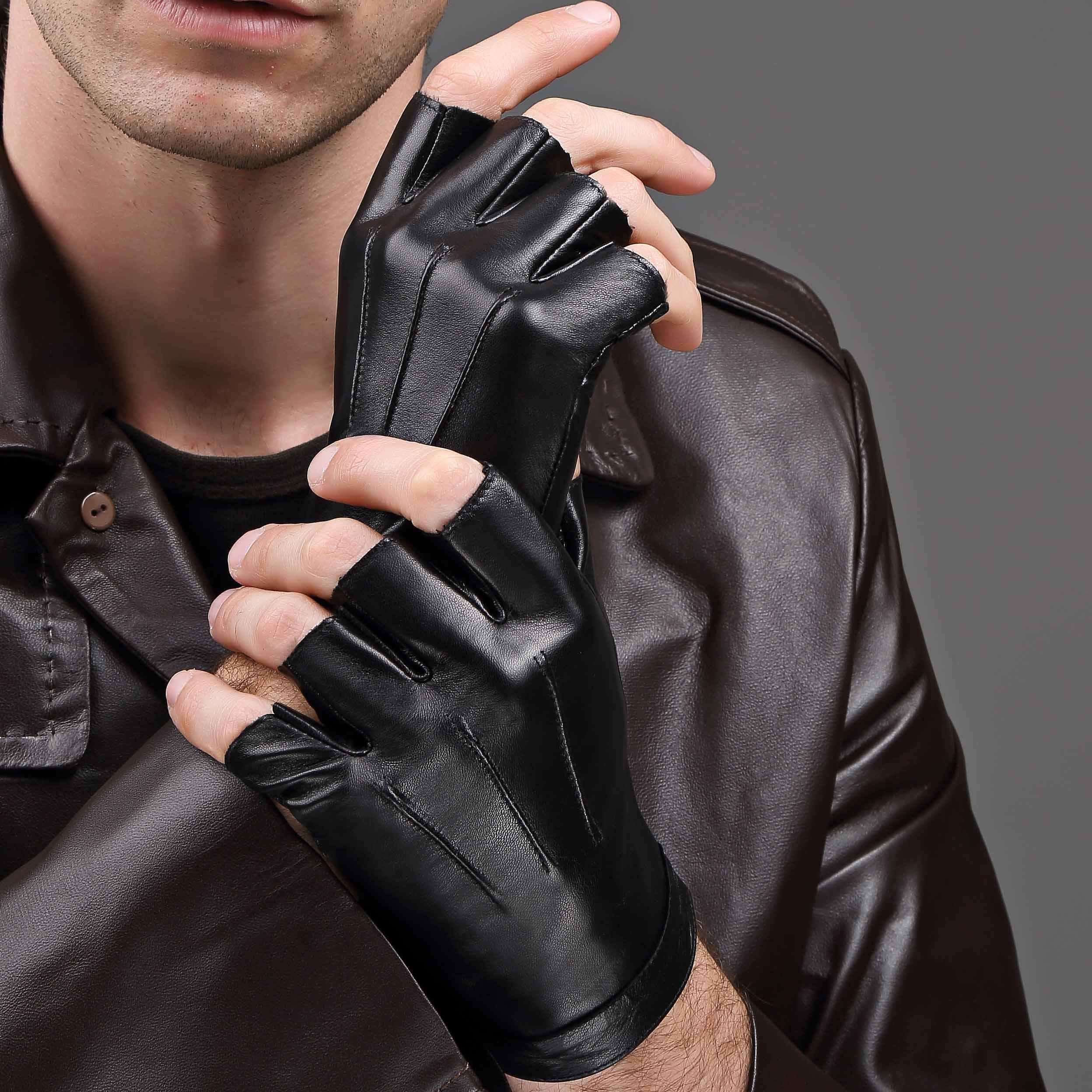 贵族龙 真皮半指手套 男士羊皮司机开车防滑加绒战术户外露指手套