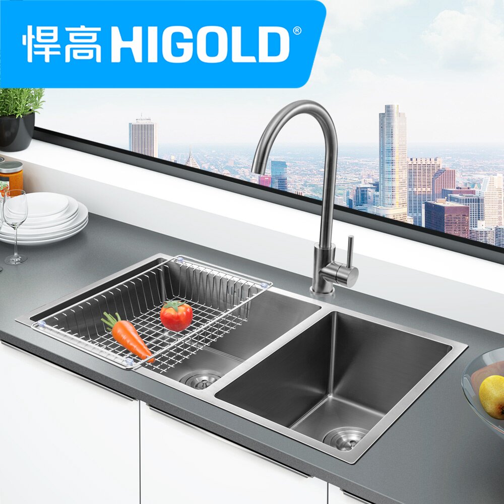 higold/悍高水槽手工大单槽厨房洗菜盆加厚304不锈钢水盆龙头