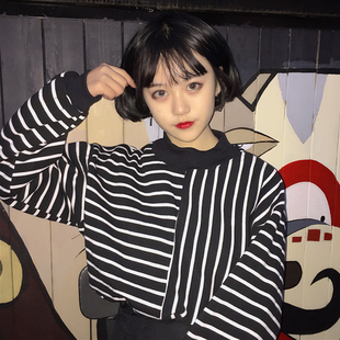 秋装2017韩版原宿风少女长袖t恤女宽松不规则条纹学生短款卫衣潮