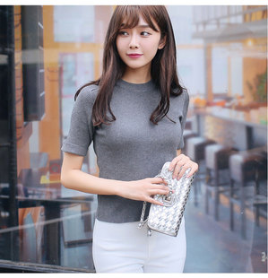韩版紧身针织衫短款套头毛衣女简约百搭圆领修身上衣卷边打底衫潮