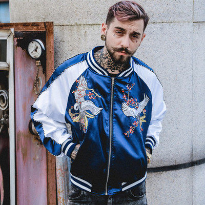 秋季潮牌原宿复古刺绣古着两面穿外套男女青年横须贺夹克棒球服男