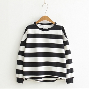 2016秋季新款女装宽横黑白条纹打底衫学生长袖t恤女韩版大码上衣