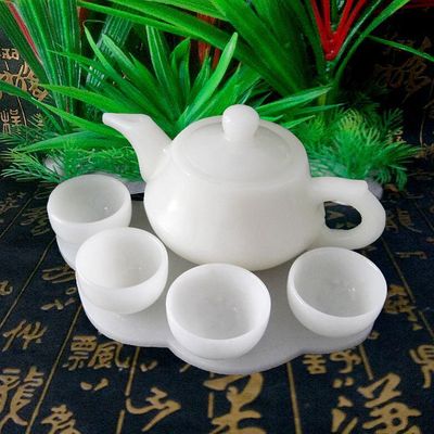 天然白玉阿富汗玉茶具 茶壶玉石酒具摆件玉壶 送礼品套盒 包邮