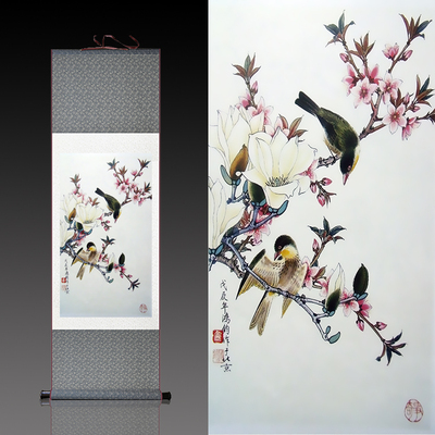 鸿钧玉兰桃花丝绸画花鸟画卷轴挂画条幅可定制已装裱