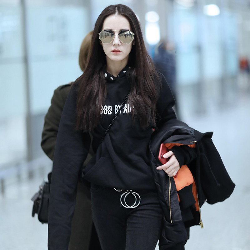 春夏迪丽热巴机场明星同款连帽字母宽松卫衣加绒韩版潮女情侣外套
