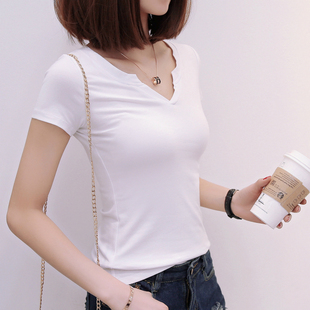 秀衫衫v字领t恤女短袖v领纯棉打底衫修身显瘦纯色体恤小心机上衣