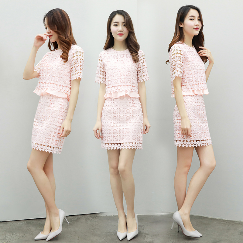 夏装套装女时尚修身两件套2017新款名媛气质短袖镂空蕾丝包臀套裙