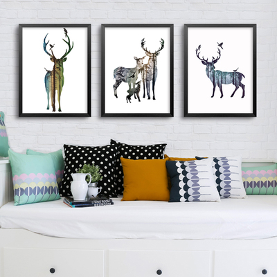北欧装饰画客厅挂画玄关画沙发背景墙画黑白复古有框壁画麋鹿一家