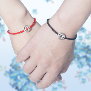 s925银情侣同心锁手链一对红绳男女学生首饰情人节生日礼物送男友