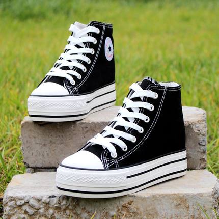 高腰黑白帆布鞋女松糕厚底韩版潮学生板鞋高帮休闲侧拉链红蓝板鞋_不