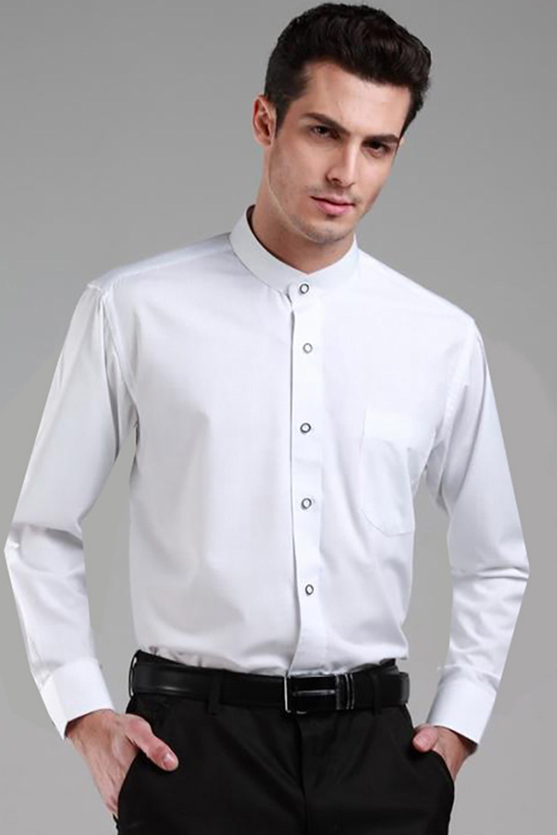 2016新款男士长袖衬衫 中华立领衬衣 白色圆领免烫绅士中年寸衫