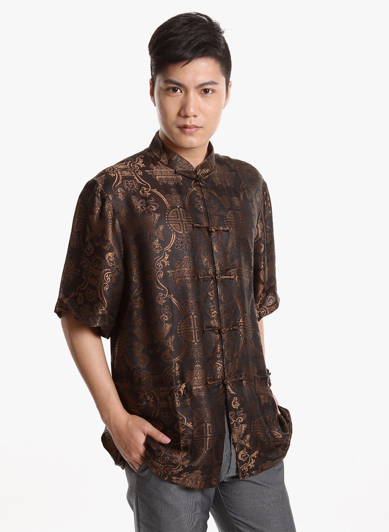 香云纱唐装真丝交织上衣 中老年男士短袖衬衫 中式服装大码爸爸装