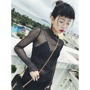 春秋网纱透视t恤女装短款亮丝内搭修身上衣性感长袖薄款打底罩衫