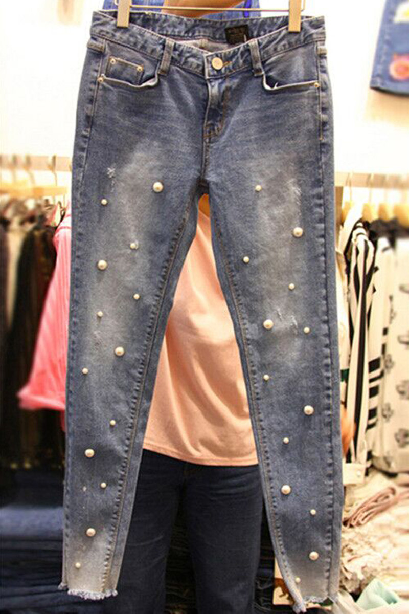 2017夏款新品钉珠牛仔裤女修身显瘦小脚裤百搭铅笔裤学生紧身裤子