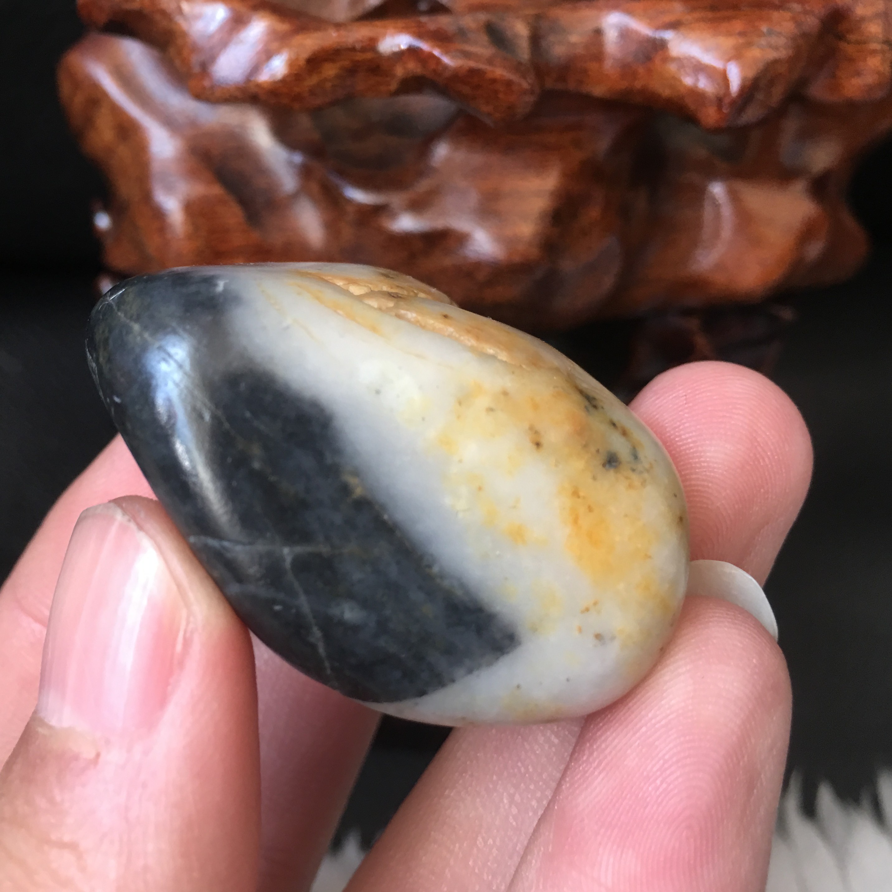 天然和田籽玉 52g奇特三色青花籽玉 玉龙河原生态青花籽料原石