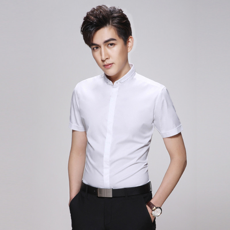 seno夏潮流小立领短袖男士衬衫韩版商务休闲修身免烫暗门襟白衬衣