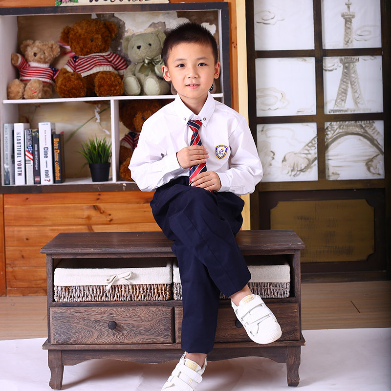 朗高2016诸暨西湖小学春秋男生校服长袖衬衫小学生机织长袖白衬衫