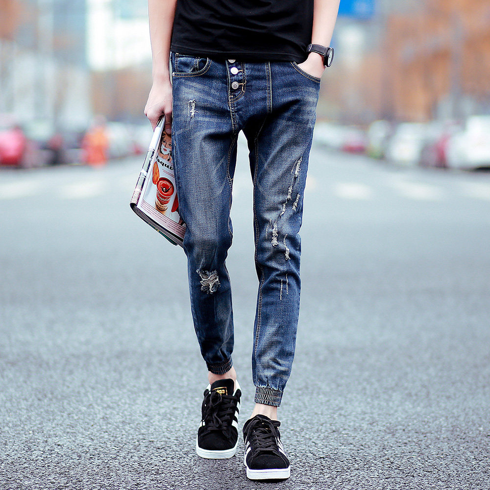 春秋弹力修身男士牛仔裤男束脚裤休闲长裤子乞丐破洞小脚裤潮男装