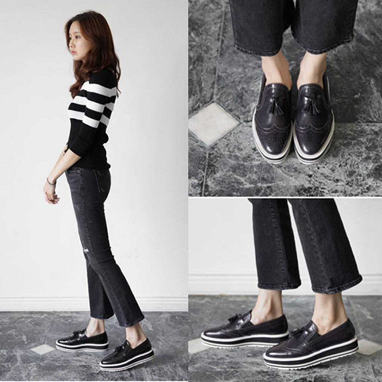 秋季欧美英伦风厚底布洛克松糕鞋套脚平底休闲鞋流苏乐福鞋女单鞋