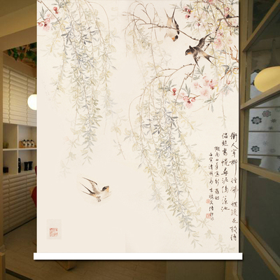 工笔国画卷帘国画花鸟窗帘定制软装挂画玄关隔断遮光遮阳窗帘