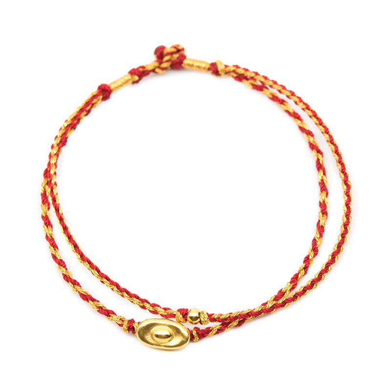 结绳记足金黄金元宝如获至宝金饰手绳转运珠红绳男女情侣手链饰品