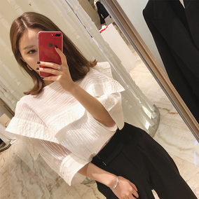 钱夫人chinstudio韩版白色圆领七分袖雪纺衬衫女宽松套头学生上衣