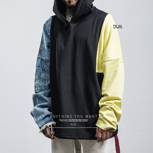 cnjhl街头嘻哈宽松连帽卫衣pgone牛仔拼接刺绣长袖外套潮男女同款