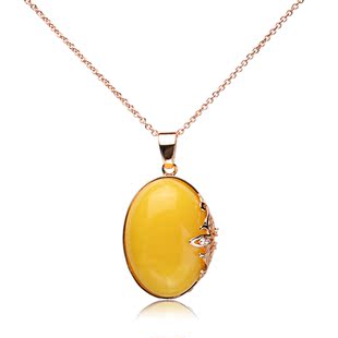 纯天然鸡油黄琥珀吊坠镶嵌18k金蜜蜡项链毛衣挂链血珀百搭饰品书