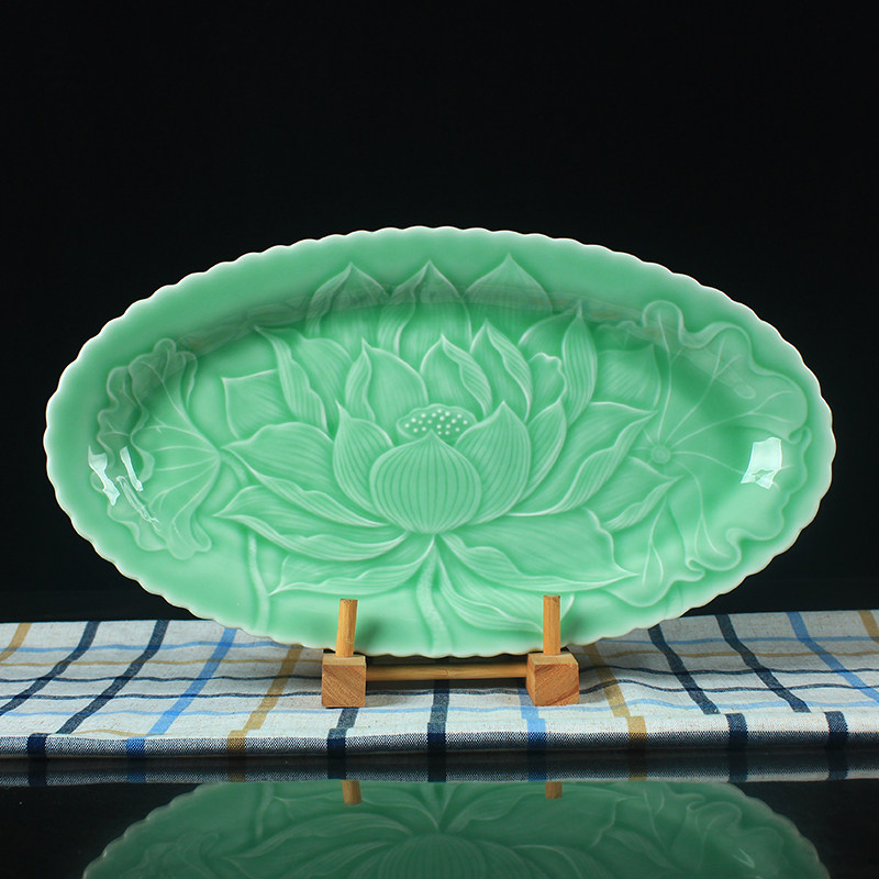 龙泉青瓷家用健康餐具15英寸大号青莲花鱼盘陶瓷盘子酒