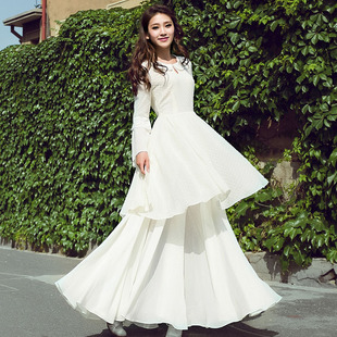 连衣裙 缤蔻15春夏新款甜美公主气质雪纺连衣裙 喇叭长袖拖地长裙 lj