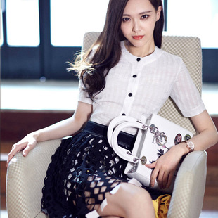 唐嫣刘亦菲明星同款白色圆领衬衫蕾丝镂空不规则半身裙套装连衣裙