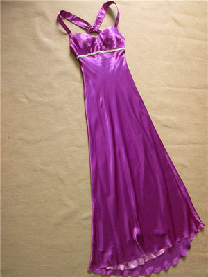 24外贸原单晚礼服裙 紫色缎面吊带长裙舞台表演派对宴会晚装
