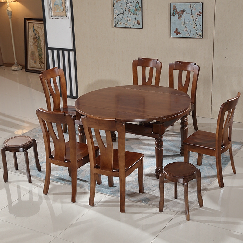 全实木餐桌椅组合多功能圆桌折叠长桌美式伸缩餐台小户型橡木饭桌